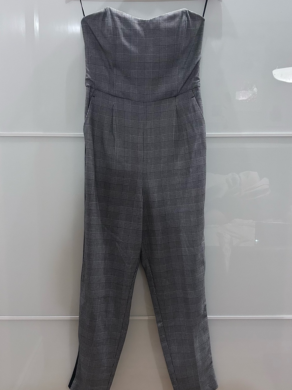 Dynamite Strapless Plaid Jumpsuit in Gray